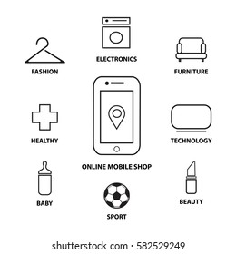 Set of mobile shop icon. Flat line vector illustration. 