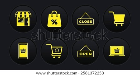 Set Mobile and shopping basket, Shopping cart, Refresh, Hanging sign with Open door, Close, bag percent, on laptop and Market store icon. Vector