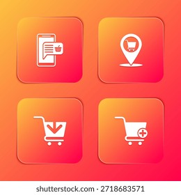 Definir Celular e cesta de compras, Carrinho de localização, Adicionar às compras e ícone. Vetor