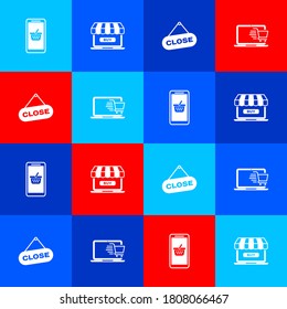 Set Mobile and shopping basket, Online, Hanging sign with Close and Shopping cart on laptop icon. Vector.