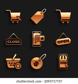 Set Mobile And Shopping Basket, Price Tag With Dollar, Cart, Hanging Sign Open Door, Refresh, Close, Shopping And Cursor Icon. Vector