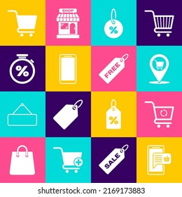Set Mobile and shopping basket, Refresh cart, Location, Discount percent tag, Smartphone, mobile phone, Stopwatch, Shopping and Price with Free icon. Vector