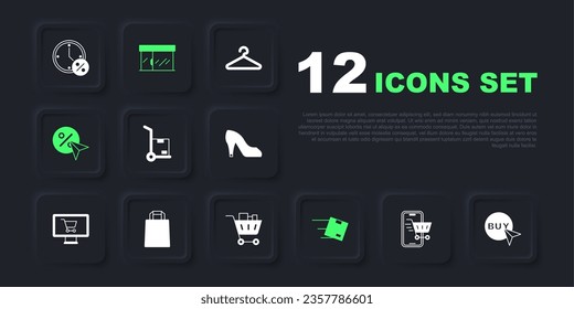 Set Mobile with shopping cart, Buy button, Hand truck and boxes, Location cardboard, Discount percent tag, Paper bag, Market store and Shopping food icon. Vector