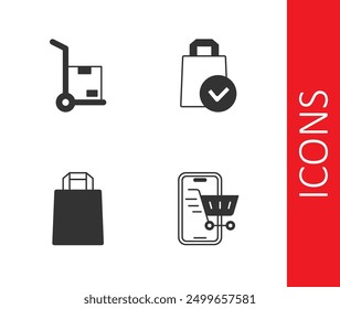 Set Mobile with shopping cart, Hand truck and boxes, Paper bag and  icon. Vector