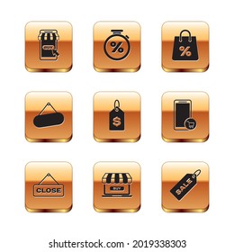 Set Mobile and shopping cart, Hanging sign with Close, Online, Price tag dollar, Signboard hanging, Shopping bag percent, Sale and Stopwatch icon. Vector