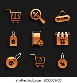 Set Mobile and shopping cart, Refresh, Discount percent tag, Market store with, Price dollar, Hanging sign Close and Shopping icon. Vector