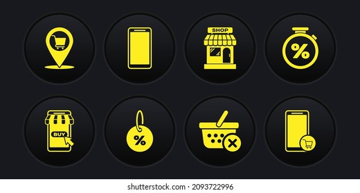 Set Mobile and shopping cart, Stopwatch percent, Discount tag, Remove basket, Market store, Smartphone, mobile phone,  and Location icon. Vector