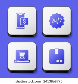 Ajuste Compras móviles, Reloj 24 horas, Carro de compras en el portátil de pantalla y icono de la caja de cartón de cartón. Botón cuadrado blanco. Vector