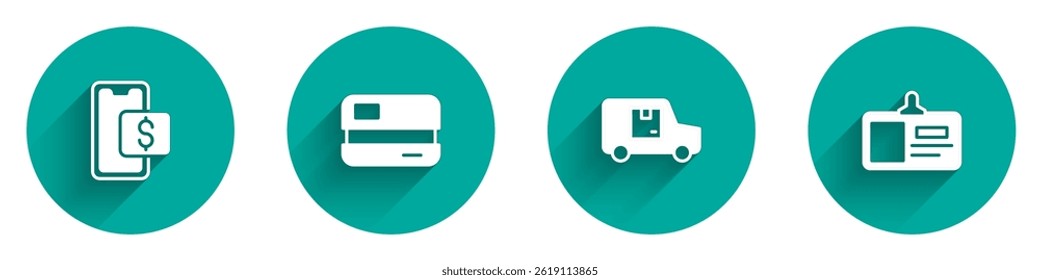 Set Mobile shopping, Credit card, Delivery cargo truck and Identification badge icon with long shadow. Vector