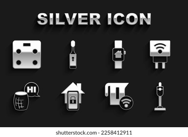 Set Mobile mit Smart Home, Smart Elektrostecker, Staubsauger, Wasserkocher, Voice Assistant, Uhr, Badwaage und Elektrische Zahnbürste Icon. Vektorgrafik