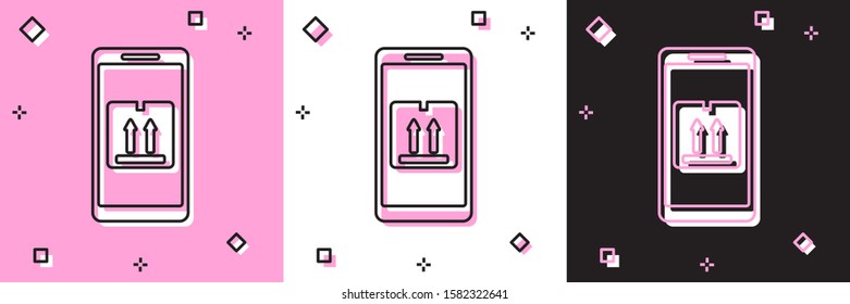 Set Mobile smart phone with app delivery tracking icon isolated on pink and white, black background. Parcel tracking.  Vector Illustration