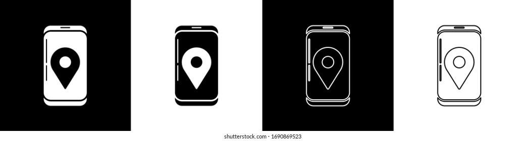 Set Mobile smart phone with app delivery tracking icon isolated on black and white background. Parcel tracking.  Vector Illustration