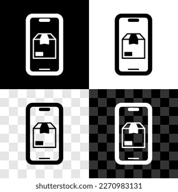 Set Mobile smart phone with app delivery tracking icon isolated on black and white, transparent background. Parcel tracking.  Vector