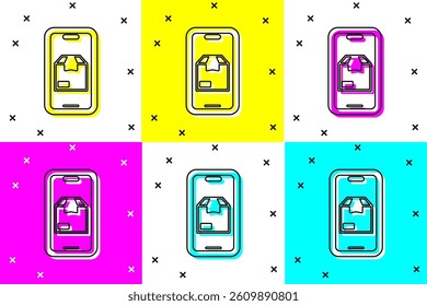 Set Mobile smart phone with app delivery tracking icon isolated on color background. Parcel tracking.  Vector