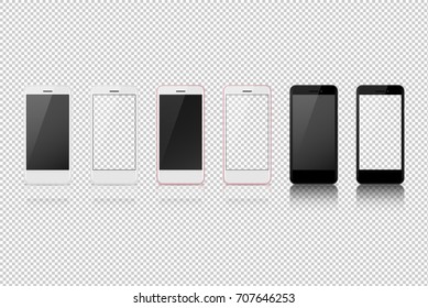 Set of mobile smart phone with different color, blank and transparent screen vector design, high quality.