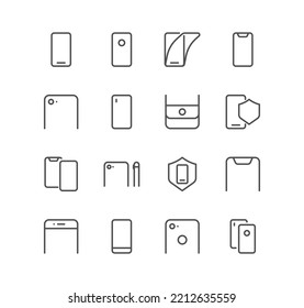 Set of mobile and smartphone icons, screen protection, protection, shield, repair, camera, case and linear variety vectors.
