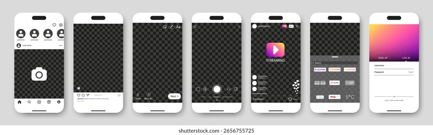 Set of Mobile Social Media App Interface Screens Including Post, Story, Live, and Login Layouts