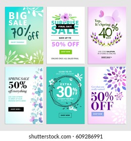 Set of mobile spring sale banners. Vector illustrations of online shopping website and mobile website banners, posters, newsletter designs, ads, coupons, social media banners.