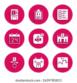 Set Mobile stock trading, Bear market, Browser with growth graph, Bank building, Dollar plant, Calendar, Business finance report and ATM and money icon. Vector