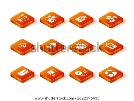 Set Mobile stock trading, Calculation of expenses, Gold bars, Storm, Debt ball chained coin, Shutdown factory, Global economic crisis and Safe icon. Vector