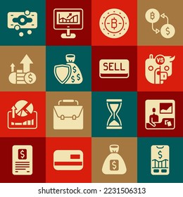 Ponga en venta de acciones para celulares, cursos de operaciones, Bull y oso de mercado, Bitcoin, Bolsa de dinero Escudo, Crecimiento financiero, Pilas de papel en efectivo y icono del botón Vender. Vector