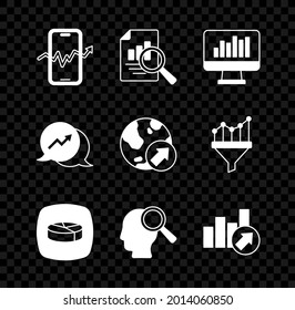 Set Mobile stock trading, Document with graph chart, Monitor, Pie infographic, Search people, Financial growth,  and  icon. Vector