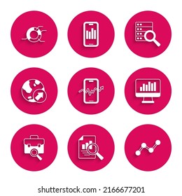 Set Mobile stock trading, Document with graph chart, Graph infographic, Monitor, Work search, Financial growth, Server and Pie icon. Vector