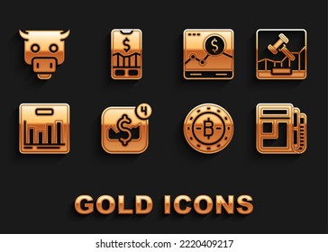Set Mobile stock trading, Online internet auction, Stock market news, Bitcoin, Pie chart infographic, Website with growth, Bull and  icon. Vector