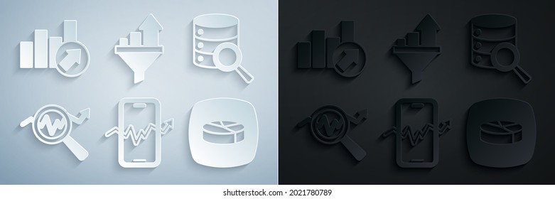 Set Mobile stock trading, Server, Search data analysis, Pie chart infographic, Sales funnel with and Financial growth icon. Vector