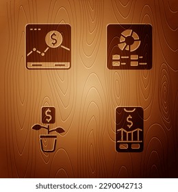 Legen Sie Mobile Stock Trading, Website mit Wachstumsdiagramm, Dollar Pflanze und Pie-Diagramm Infografik auf Holzhintergrund. Vektorgrafik