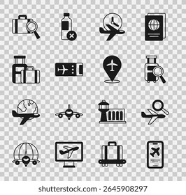Set Mobile with ticket, Airplane search, Lost baggage, Flight time, Airline, Suitcase,  and Plane icon. Vector - Powered by Shutterstock - Get 15% off with code: PIKWIZARD15