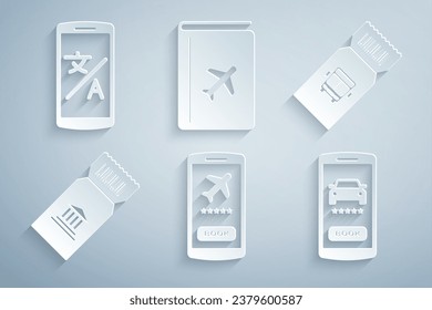 Set Mobile with ticket, Bus, Museum, Online car sharing, Cover book travel guide and translator icon. Vector