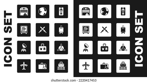 Set Mobile with ticket, Marshalling wands, Radar targets on monitor, Aircraft hangar, Suitcase, Worldwide, Plane propeller and  icon. Vector