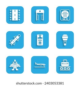 Setzen Sie Mobile mit Ticket, Plane, Conveyor Gürtel Koffer, Heißluftballon, Jet-Kämpfer, Rakete, Attitude-Anzeige und Flughafen Start-und Landebahn-Symbol. Vektorgrafik
