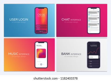 Set of Mobile UI Design Concepts. Bank Interface, Music Player, Chat application, Login. Vector Illustration