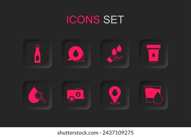 Set Mobile water tank, Water drop with speech bubbles, Bottle of, location, filter cartridge, Glass, Washing hands soap and Drop magnifying glass icon. Vector