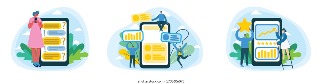 Set of mobile web application chat development, promotion, optimization collages. Vector modern colorful flat style. Creative ideas and concepts visualization.