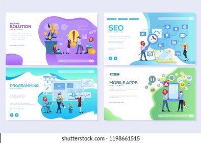 Set of mobile website development, SEO, apps, business solutions. Web page vector illustration design templates. Edit and customize modern 