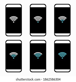 Set of mobile with wifi signal on the  screen. Wifi signal notification concept design symbol. Illustration vector