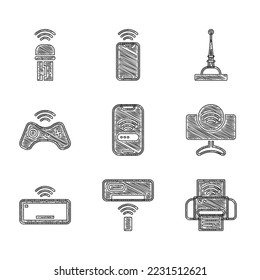Set Mobile with wi-fi wireless, Air conditioner, Smart printer system, Tv, Computer keyboard, Wireless gamepad, Antenna and Usb adapter icon. Vector