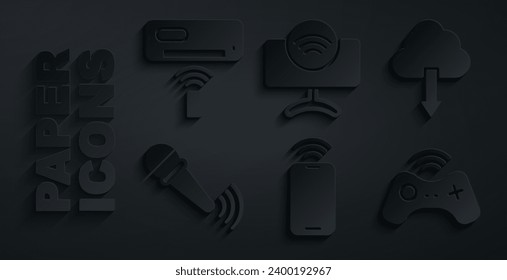 Set Mobile with wi-fi wireless, Cloud download, Wireless microphone, gamepad, Smart Tv system and Air conditioner icon. Vector