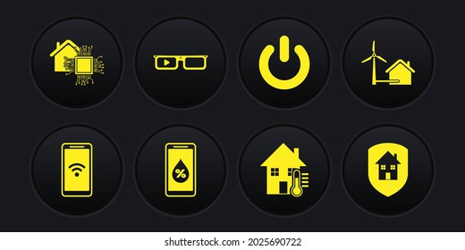 Set Mobile with wi-fi wireless, House wind turbine, Humidity for smart home, temperature, Power button, Smart glasses, under protection and  icon. Vector