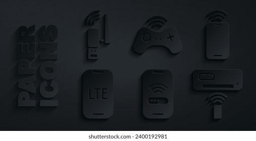 Set Mobile with wi-fi wireless, LTE network, Air conditioner, Wireless gamepad and Usb adapter icon. Vector
