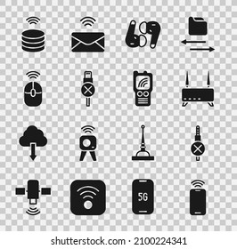 Ajuste móvil con wi-fi inalámbrico, sin conector de audio, enrutador y señal, auriculares de aire, cable de cable usb, ratón inalámbrico de computadora, servidor de datos inteligente e icono Walkie talkie. Vector