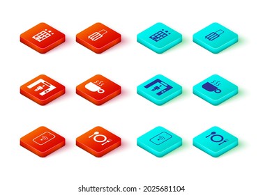 Set Mobile with wi-fi wireless, Plate, fork and knife, Lift, Coffee cup, Suitcase and Hotel building icon. Vector