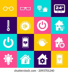 Mobile mit Wi-Fi Wireless, Smart Home, Haus Temperatur, Solarzelle, Thermostat, Feuchtigkeit, Brille und Power-Button Symbol. Vektorgrafik