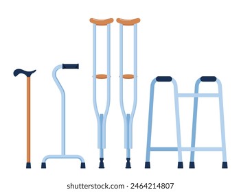 Set of mobility aids including a walker, crutches, quad cane, forearm crutches. Health care concept