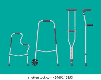 Set of mobility aids. Walker, crutches, quad cane, forearm crutches. Goods for people. Healthcare, hospital and medical diagnostics. Vector illustration in flat style