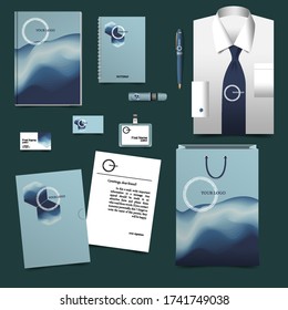 Set of mocap corporate identity, design POS-materials. Abstract blue waves with gradient fill and circles, two hexagons with logo