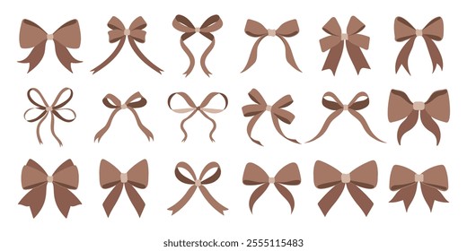 A set of Mocha Mousse bows with a white background. The bows are of different sizes and shapes. Some are long and thin, while others are short and wide
